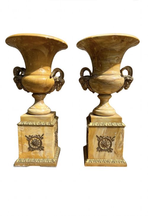 PAIR OF ITALIAN SIENNA MARBLE AND BRASS DECORATIVE VASES