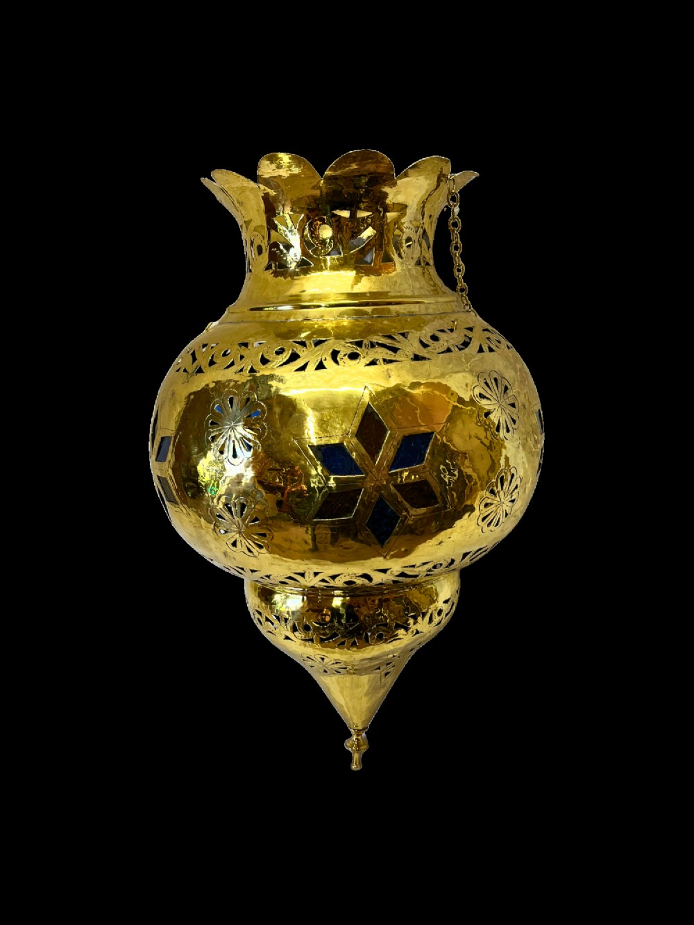 A pierced brass hanging lantern featuring floral and geometric fretwork, blue glass inserts, a flared scalloped rim, and a pointed base finial. View III