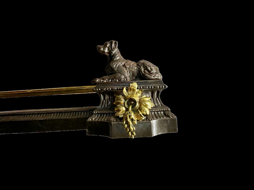 A French cast iron and brass fireplace fender featuring recumbent dog sculptures on rectangular plinths joined by a horizontal central rail. View II
