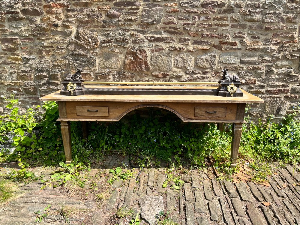 A French cast iron and brass fireplace fender featuring recumbent dog sculptures on rectangular plinths joined by a horizontal central rail. View III