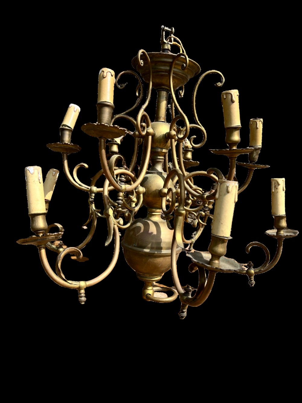 An antique brass gasolier chandelier featuring multiple scrolled arms, faux candle light sockets, and a central bulbous stem. View II