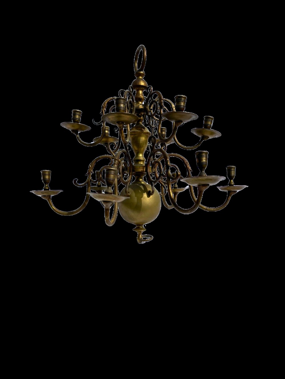 A late nineteenth-century multi-arm brass chandelier featuring scrolling candle branches, a central baluster stem, and a spherical base globe. View II