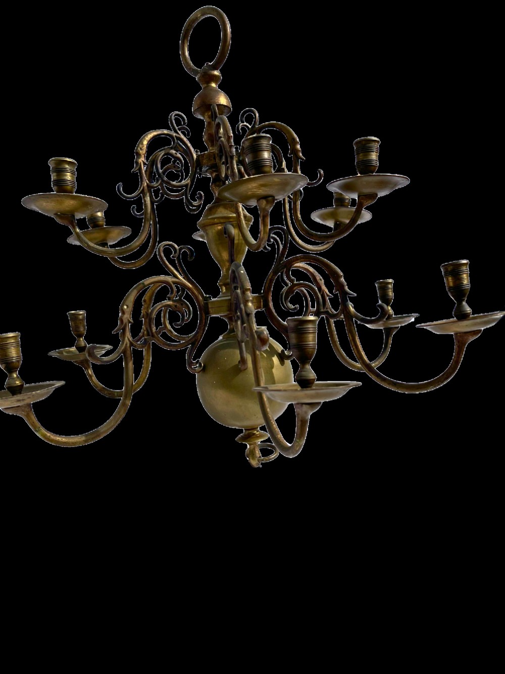 A late nineteenth-century multi-arm brass chandelier featuring scrolling candle branches, a central baluster stem, and a spherical base globe. View III