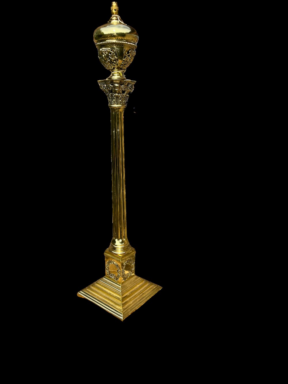 An antique polished brass standard floor lamp featuring a fluted column, classical Corinthian capital, urn motif, and stepped square base. View III