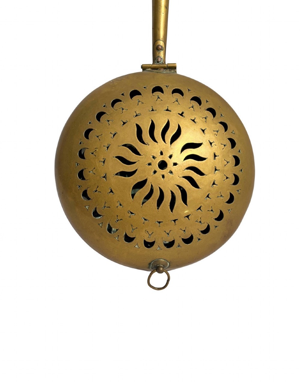 An antique English brass bed warming pan featuring a pierced decorative lid and a turned wooden handle. View VII