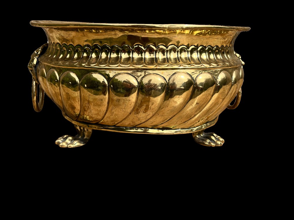 A polished brass jardiniere featuring gadrooned side fluting, twin lion mask handles with hanging rings, and cast paw feet. View II