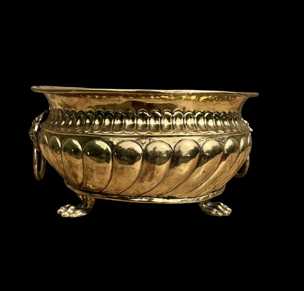 A polished brass jardiniere featuring gadrooned side fluting, twin lion mask handles with hanging rings, and cast paw feet. View III