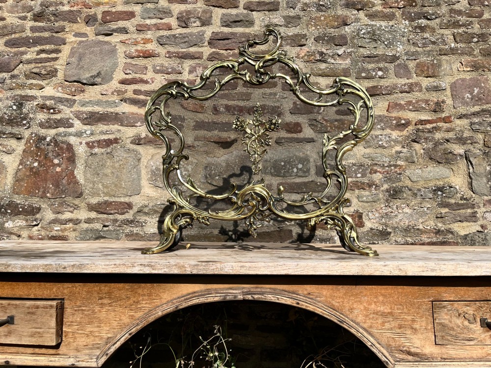 An ornate French Rococo style gilt bronze fire screen featuring elaborate scrolled rocaille framework, cabriole legs, and a central decorative motif. View III