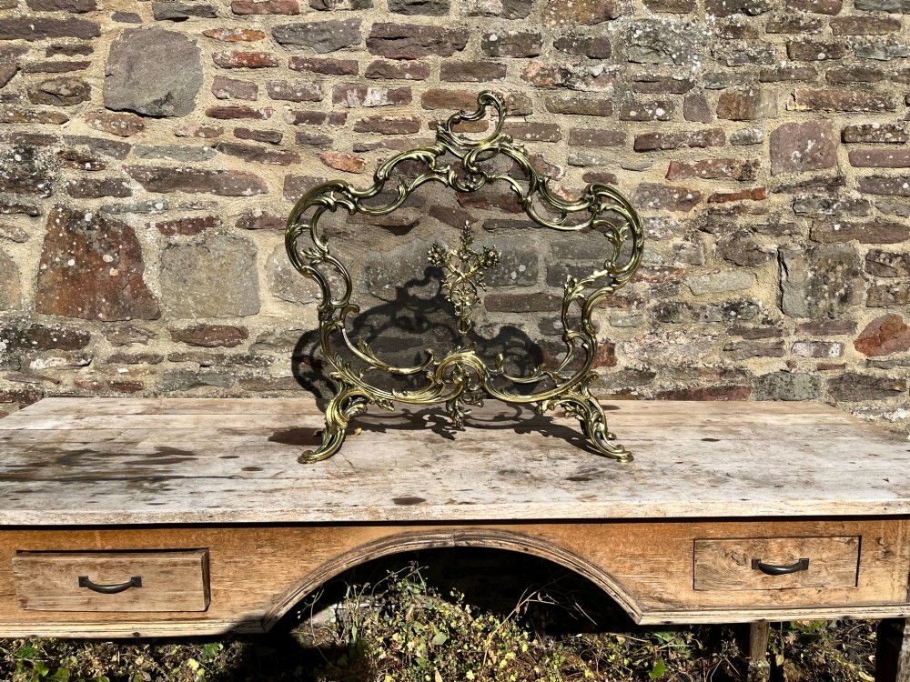 An ornate French Rococo style gilt bronze fire screen featuring elaborate scrolled rocaille framework, cabriole legs, and a central decorative motif. View IV