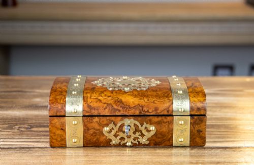 Stunning Brass Bound Burr Walnut Jewellery Box 1880