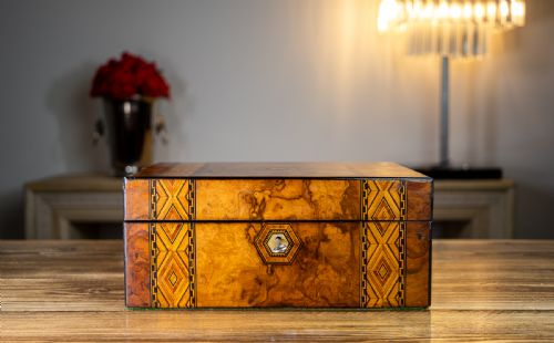 Burr Walnut Tunbridge Ware Jewellery Box 1880