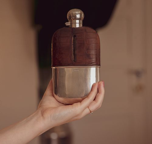 Silver Mappin Croc Leather Hip Flask 1890