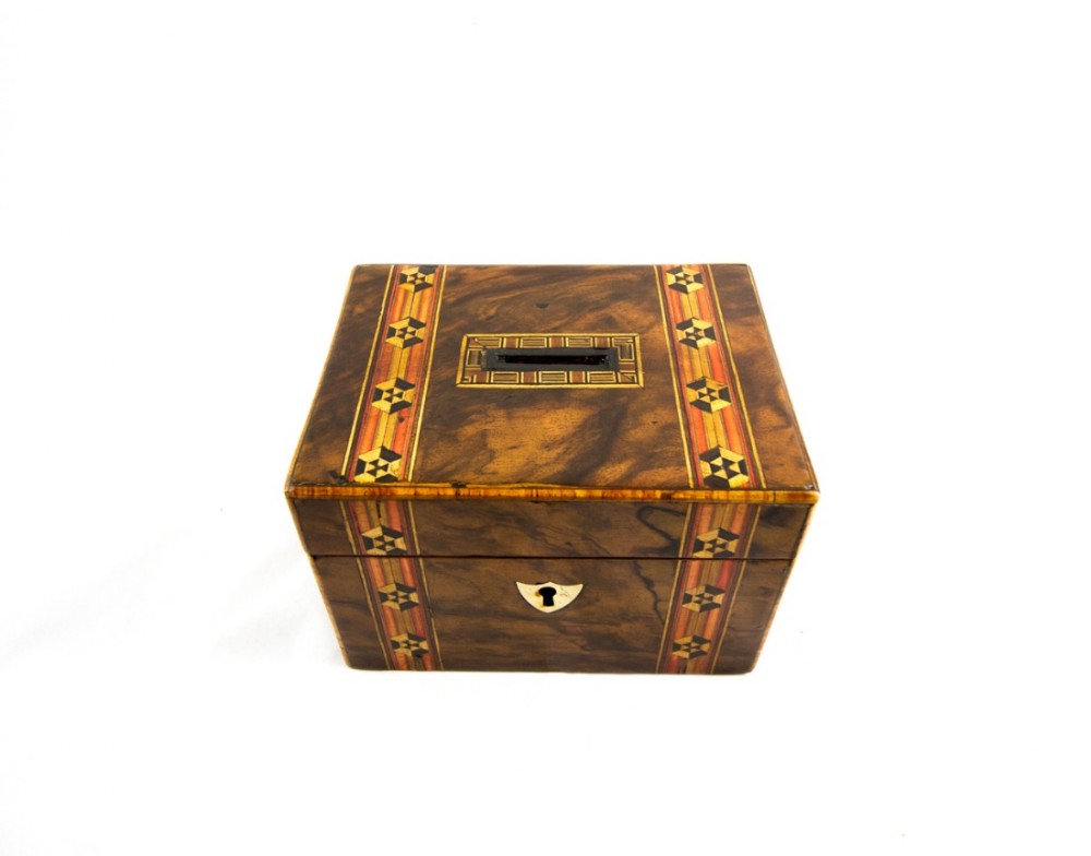 Figured walnut money box c.1860