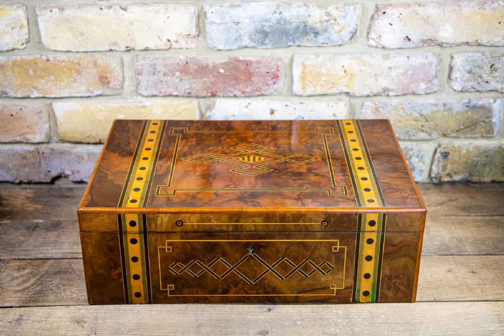 Beautiful Burr Walnut Inlaid Writing Slope 1880