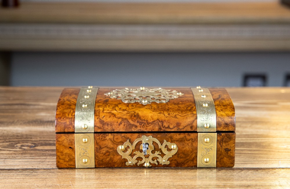 Stunning Brass Bound Burr Walnut Jewellery Box 1880