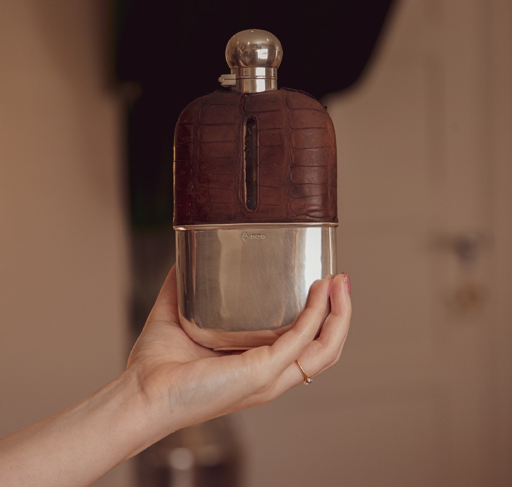 Silver Mappin Croc Leather Hip Flask 1890