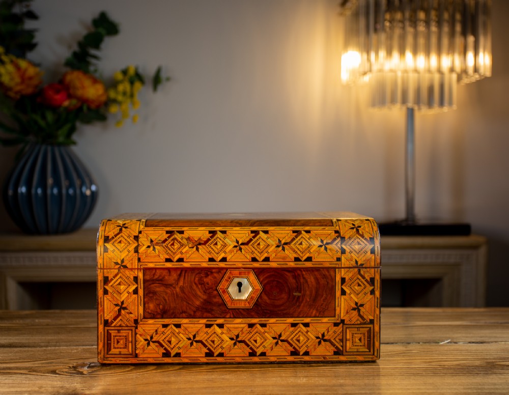 Burr Walnut Tunbridge Ware Table Box 1880