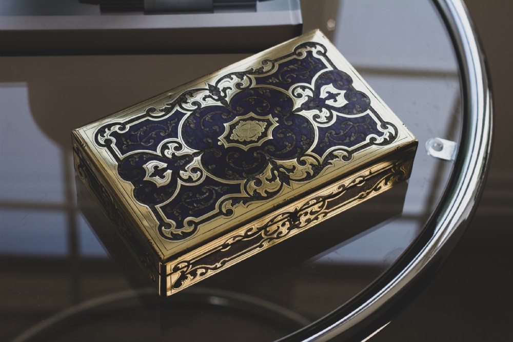 Striking Blue Enamel Boulle Sewing Box French 1860