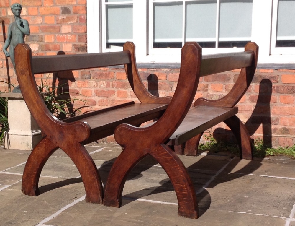 Pair of Gothic Pugin Style Oak Benches