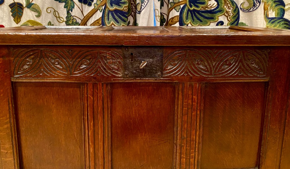 An antique dark oak coffer featuring three carved front panels, a hinged panelled lid, and raised stile legs. View VIII