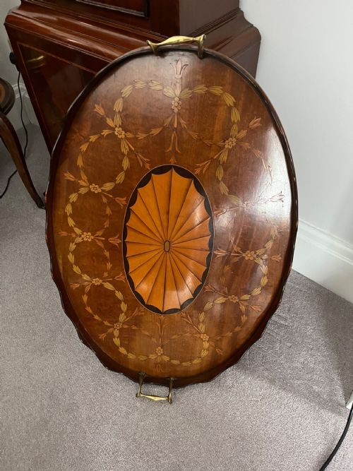ANTIQUE OVAL MAHOGANY INLAYED TRAY