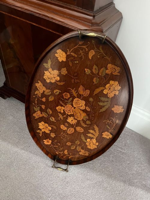 ANTIQUE OVAL MAHOGANY MARQUETRY INLAID TRAY 
