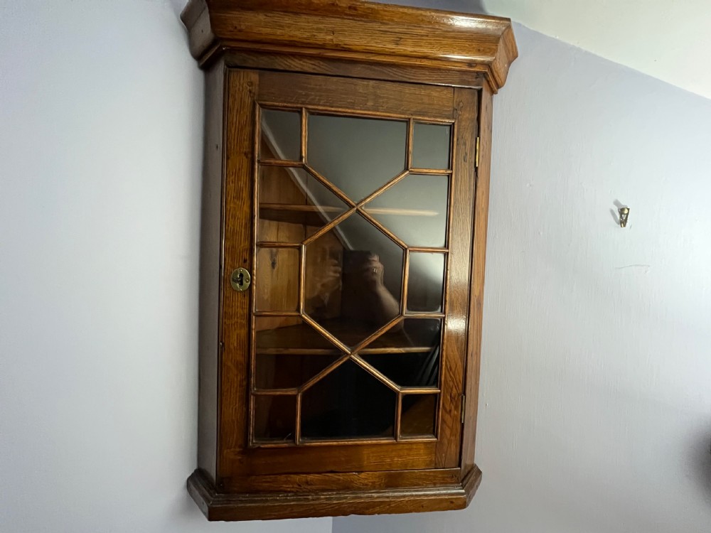 A wall-hanging Georgian oak corner cupboard featuring a single door with geometric astragal glazing and a brass escutcheon.