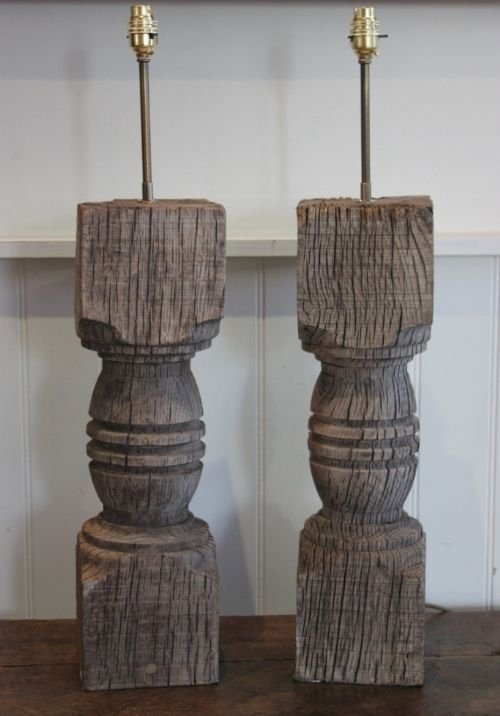 Pair of Antique Oak Column Lamps