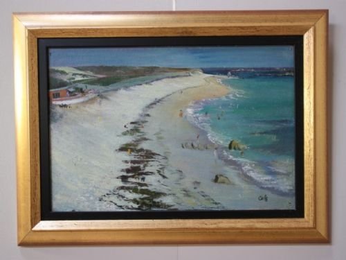 1950'S English Beach Scene Oil Painting