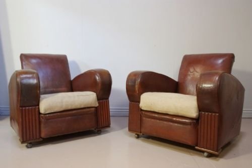 Super Pair of English 1930'S Leather Armchairs