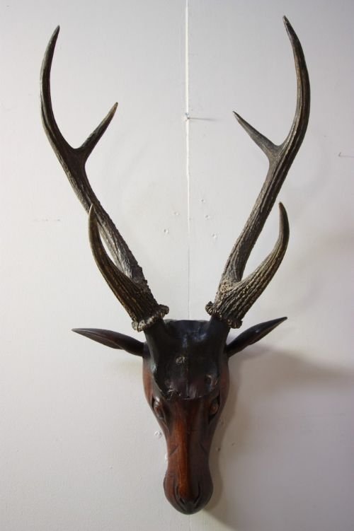 Unusual Antique Carved Deers Head with Antlers