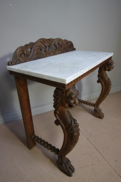 Gothic Revival Antique Oak & Marble Console Table