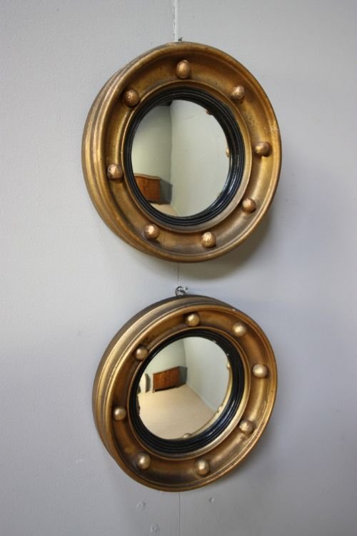 Pair of Edwardian Antique Gilt Convex Mirrors.
