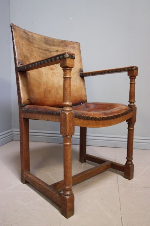 Edwardian Antique Leather & Oak Arm/desk Chair.