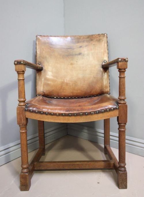 fig 1. Edwardian Antique Leather & Oak Arm/Desk Chair.