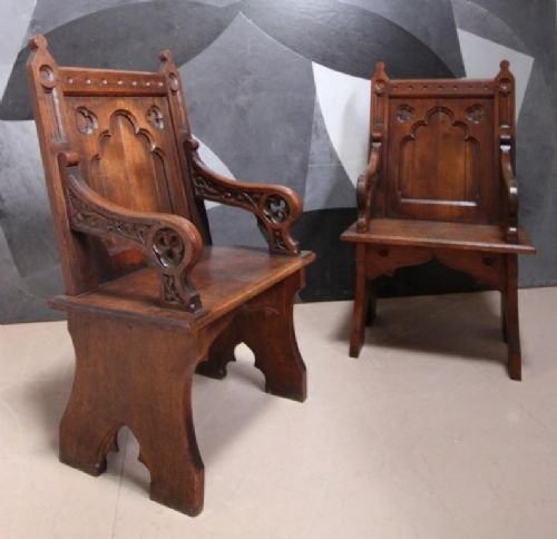 Pair of Grand Antique Oak Gothic Armchairs.
