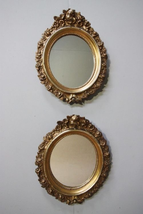 Pair of Original Gilt Antique Oval Mirrors.