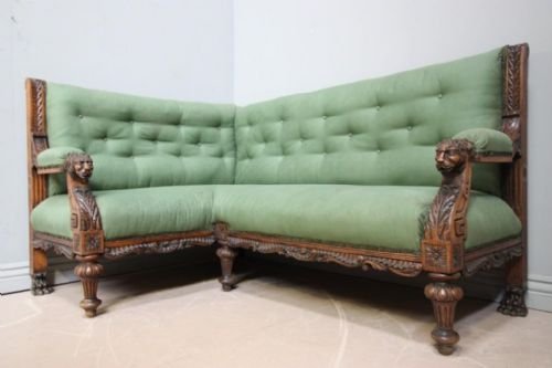 Rare Antique Oak & Upholstered Corner Settee/sofa