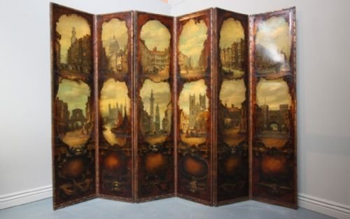 A Superb Antique Leather & Painted Six Fold Screen
