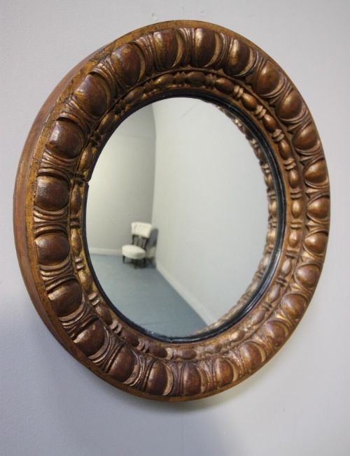 Decorative Antique Gilded Convex Circular Mirror.
