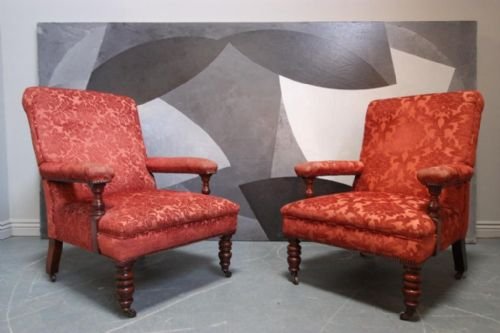 Pair of Antique Upholstered Open Armchairs.