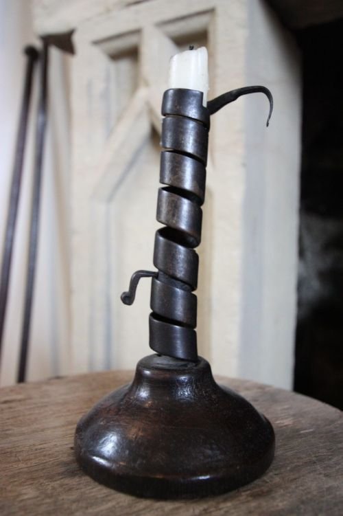 19th C Antique French Iron Candlestick/rush Light.