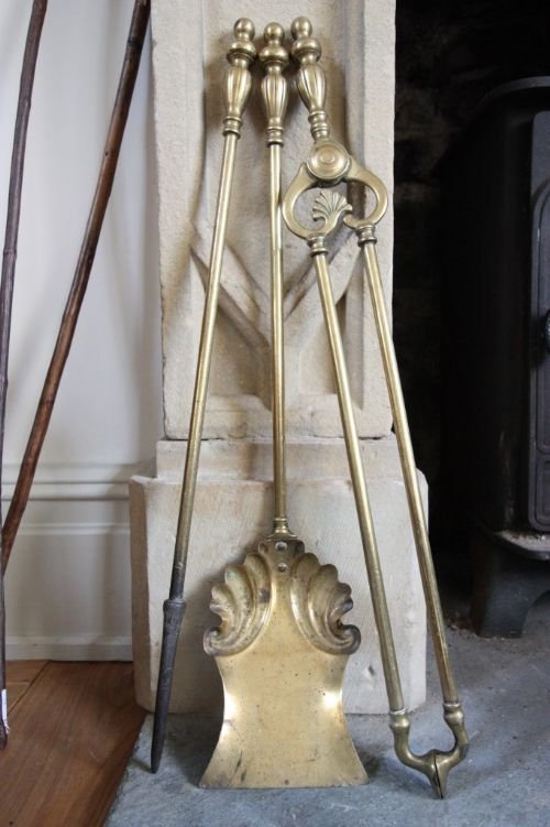 Set of Victorian Antique Brass Fire Irons.