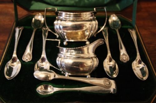 Silver Antique Set Spoons Bowl & Creamer. Inc P&p