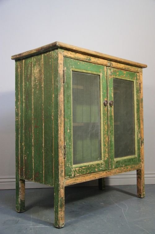 fig 1. Original Antique Painted Pine Food Safe Cupboard.