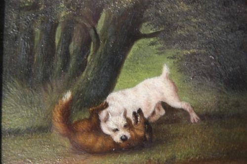 Regency Antique Fox & Terrier Oil Painting.