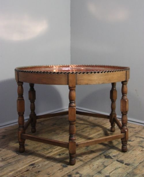 Quality Antique 1920'S Copper and Oak Coffee Table