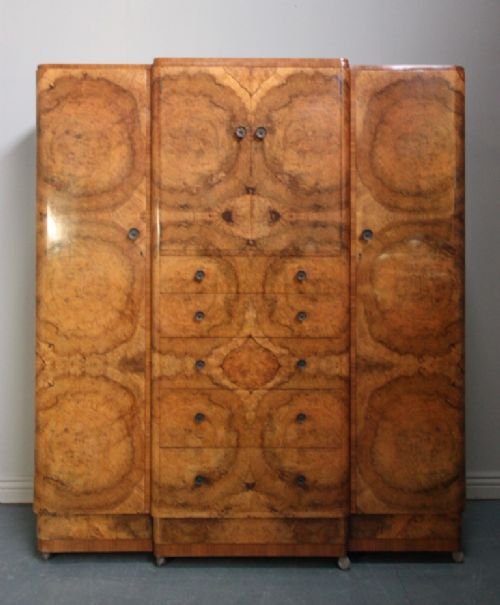 Quality 1920s Art Deco Burr Walnut Triple Wardrobe