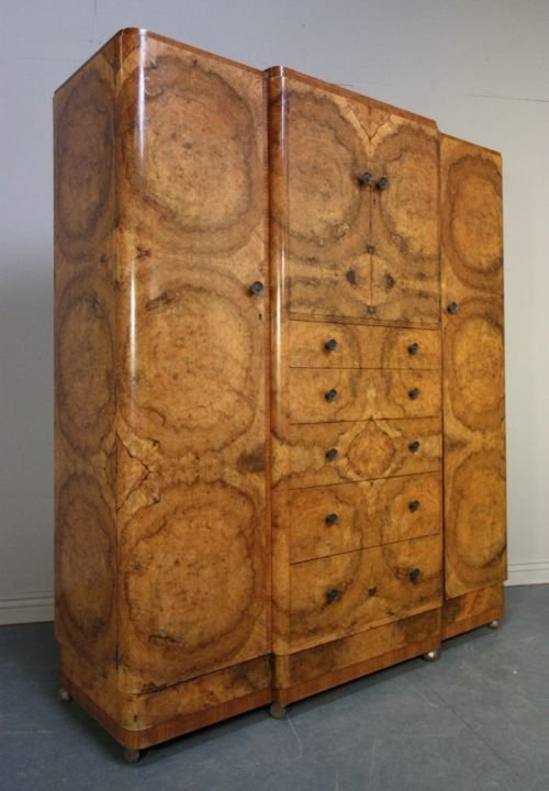 fig 1. Quality 1920s Art Deco Burr Walnut Triple Wardrobe