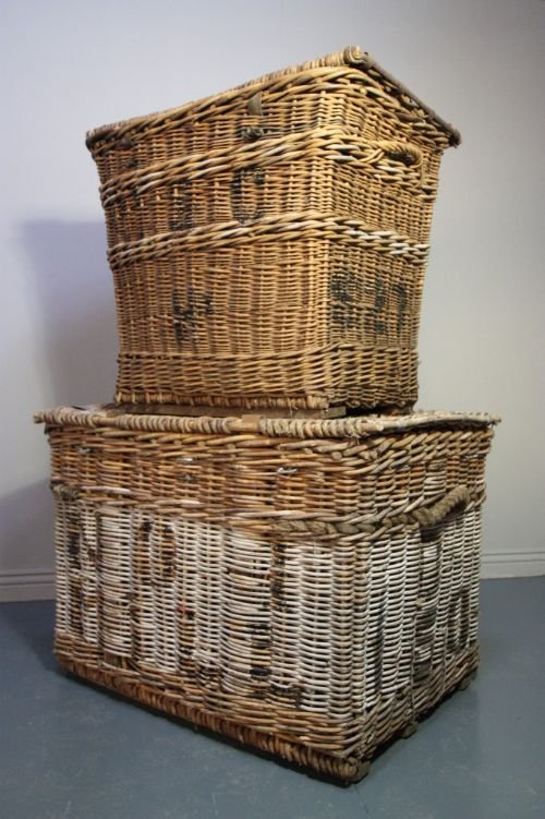 Pair of Victorian Antique Lidded Wicker Baskets